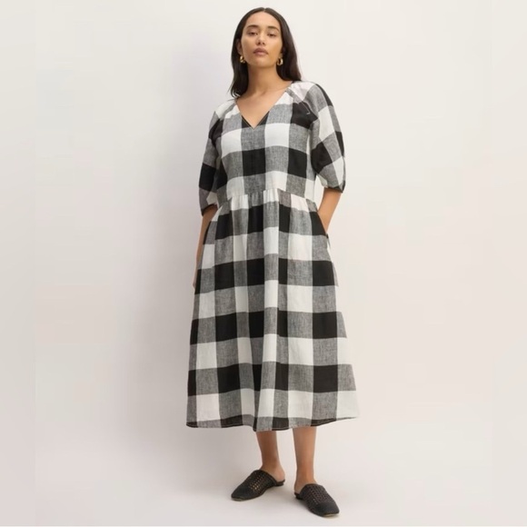 Everlane Dresses & Skirts - Everlane Linen Oversized Puff Sleeve Dress Bone Black Buffalo Plaid Preppy XS
